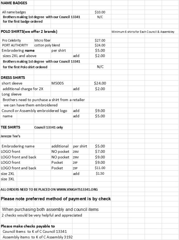 Council / Assembly Price List Knights of Columbus Council 13341