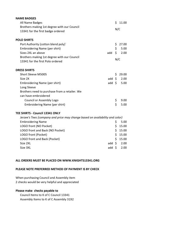 Council / Assembly Price List Knights of Columbus Council 13341