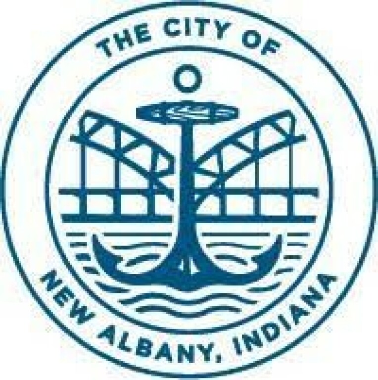 Logo for City of New Albany. Features the Sherman Minton bridge in the background, an anchor in the foreground with the Ohio River below it.