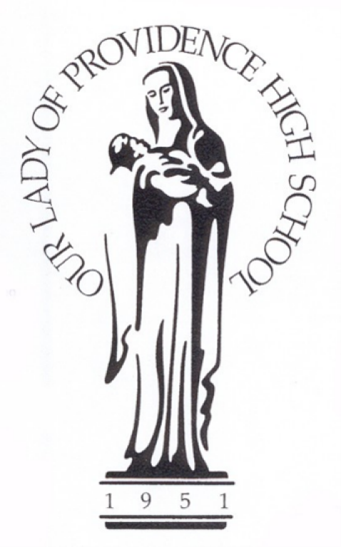 "Our Lady of Providence High School" name circles the top half of a statue of Mary holding the infant Jesus. "1951" is featured below the statue as a pedastal.