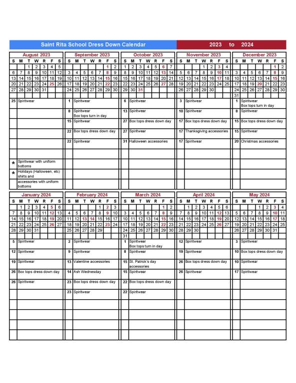 School Dress Down Calendar | Saint Rita School