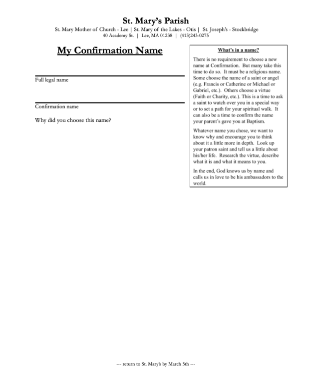 Confirmation Name Form Parish of Mary, Mother of the Church