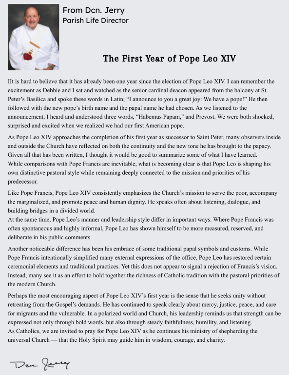 Dcn Jerry Message: 1st Year of the Pope