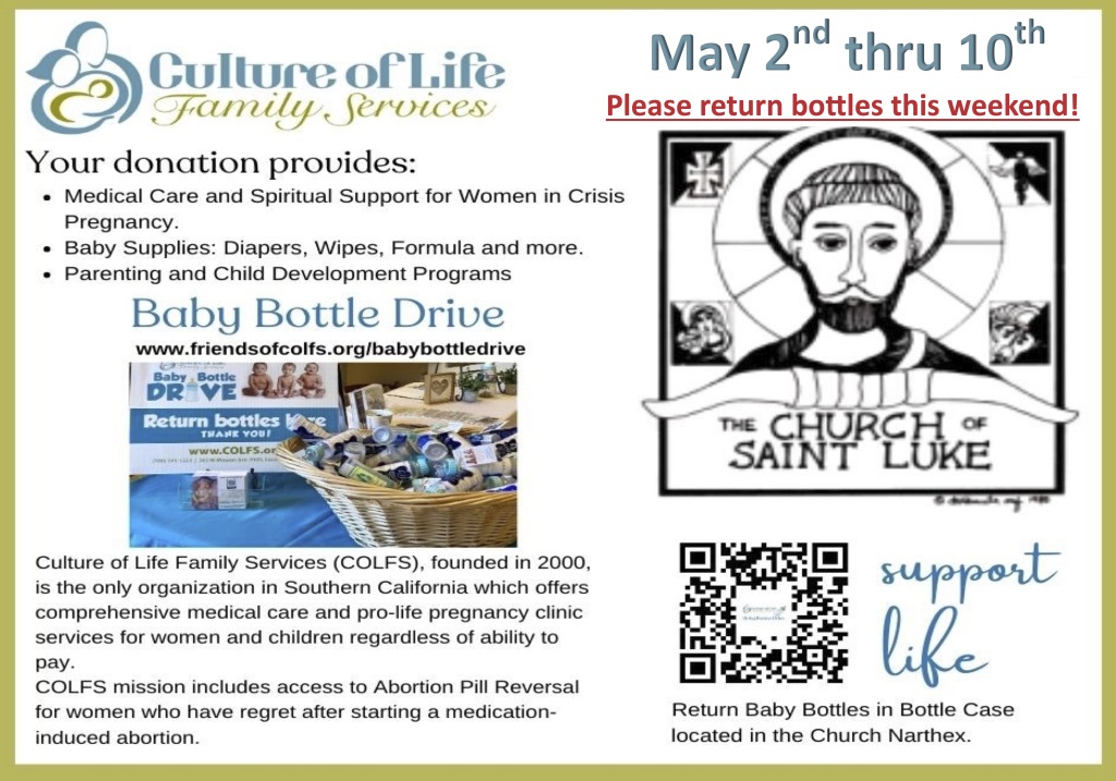 Culture of Life Baby Bottle Drive May 2 - May 10