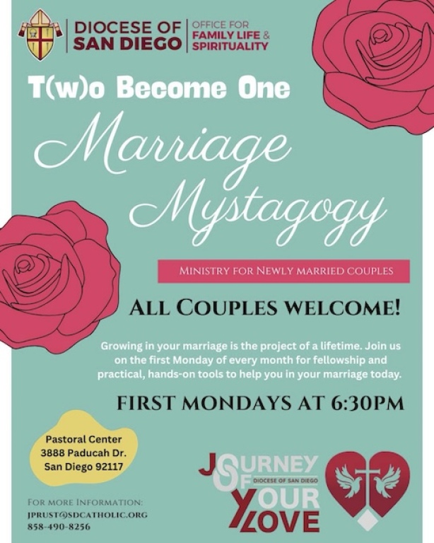 Marriage Mystagogy, 1st Mondays, 6:30pm at Pastorial Ctr; all couples welcome