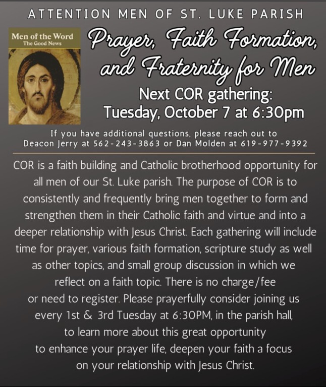 COR Gathering, 10/7, 6:30pm, Parish Hall