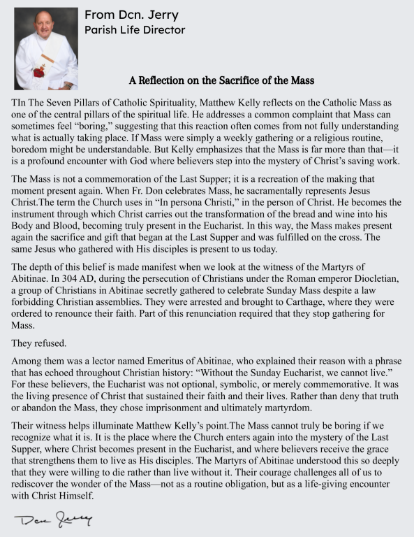 Message from Parish Life Director, Dcn Jerry