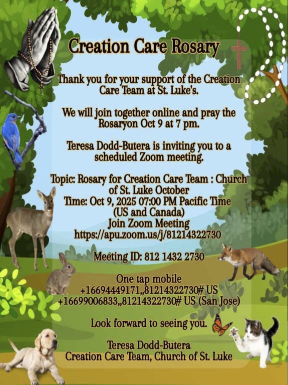 Creation Care Rosary 10/9, 7pm on Zoom