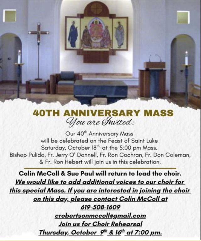 40th Anniversary Mass, October 18, 5pm