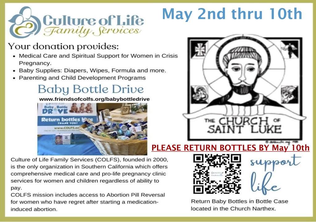 Culture of Life Baby Bottle Drive May 2 - May 10