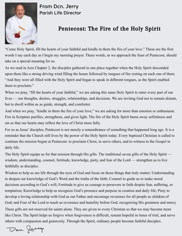 Dcn Jerry Message: Pentacost - Fire of the Holy Spirit