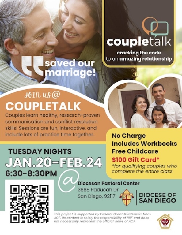 Couple Talk, Tuesday evenings, Jan 20 - Feb 24 at the Pastorial Ctr