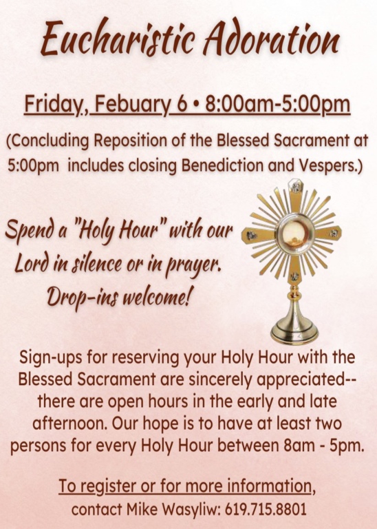 Eucharistic Adoration Fridays in February 8-12pm