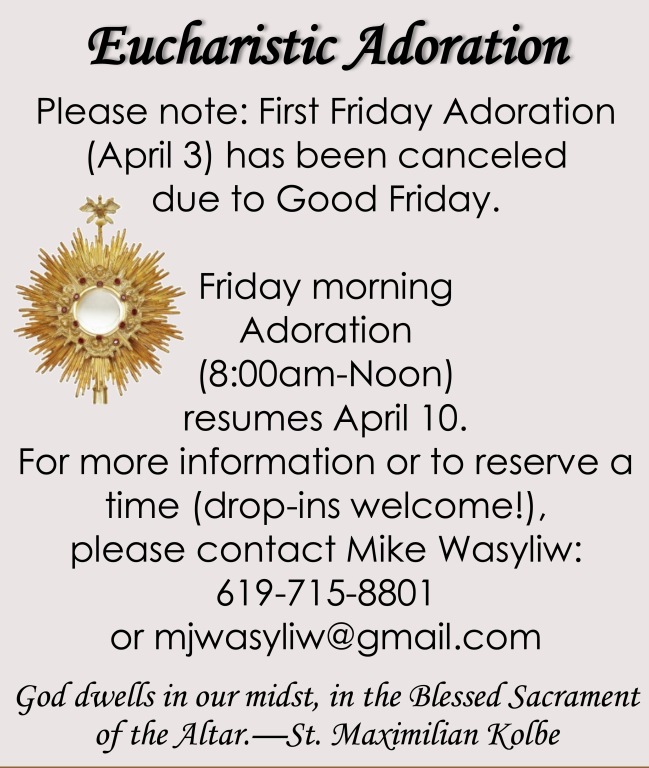1st Friday Eucharistic Adoration Canceled due to Good Friday