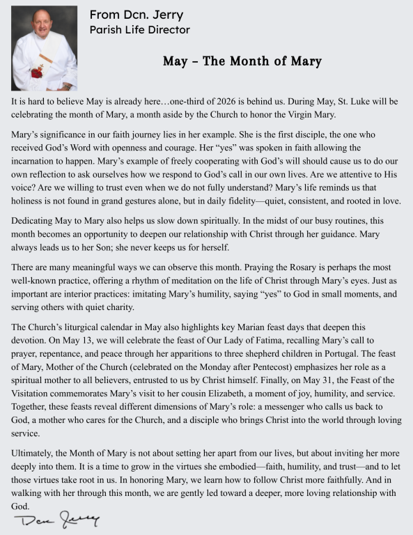Dcn Jerry Message: Month of Mary