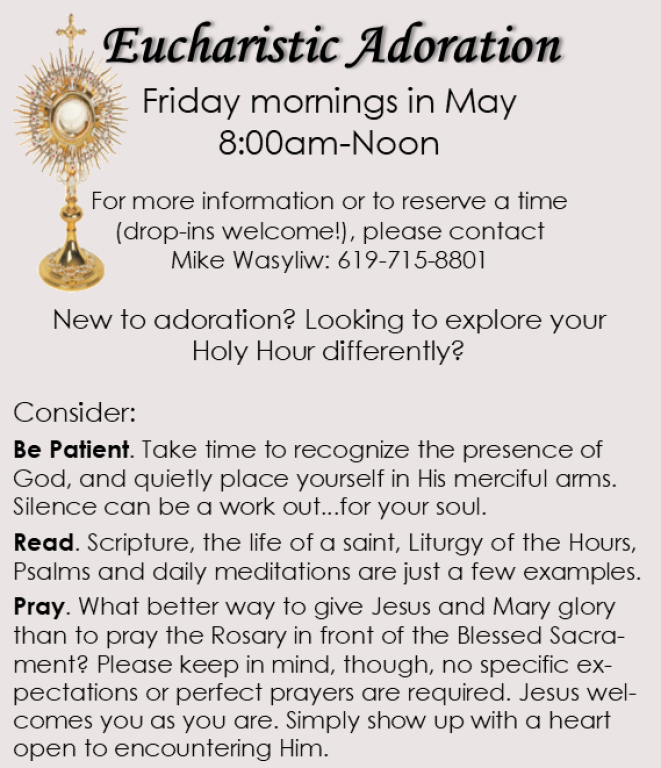 Eucharist Adoration Fridays in May, 8am - noon