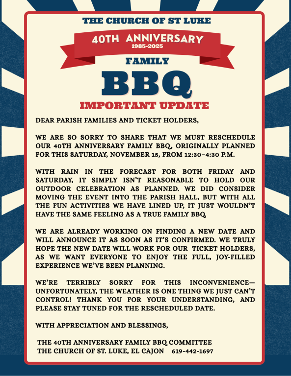 Family BBQ Canceled; Will reschedule at a later date. Keep your tickets.