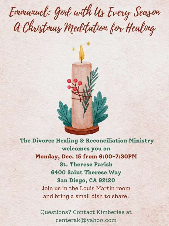 Divorce Healing, December 15, 6pm, St. Therese Parish