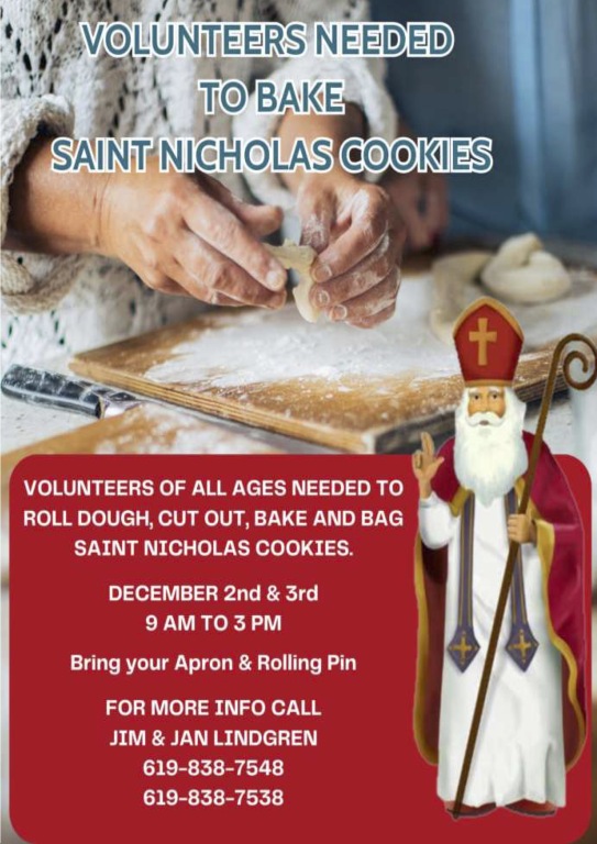 Volunteers needed to bake St. Nicholas Cookies, 12/2-3