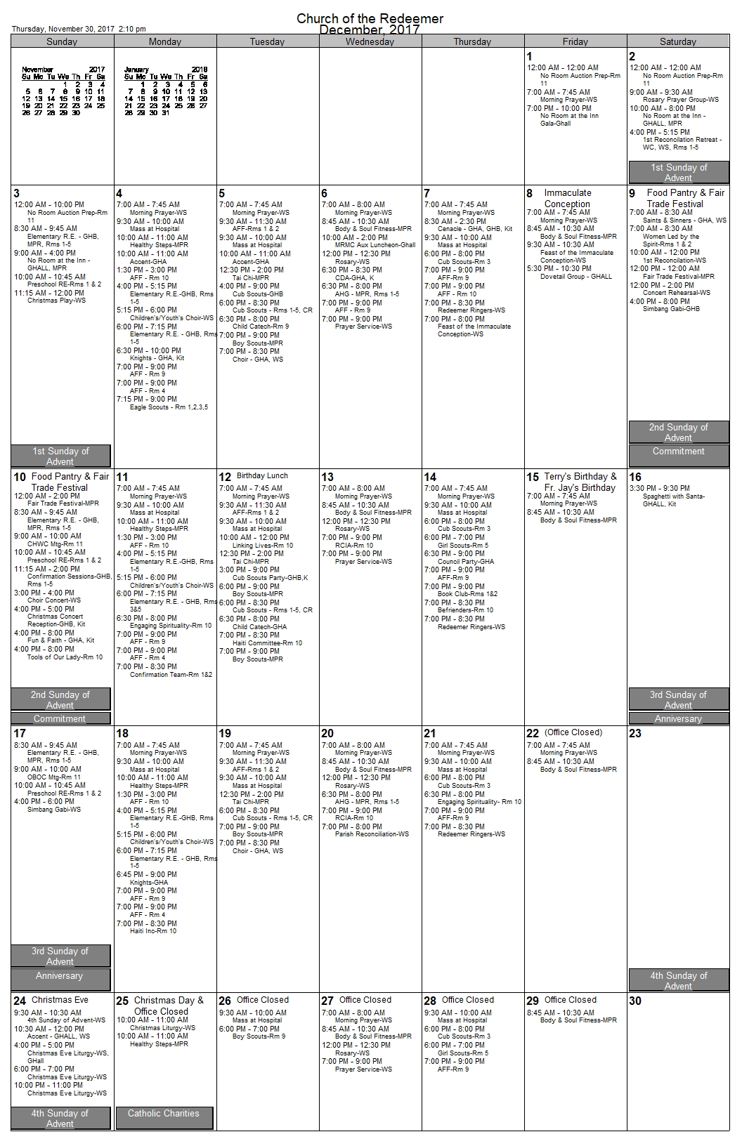 church redeemer monthly calendars