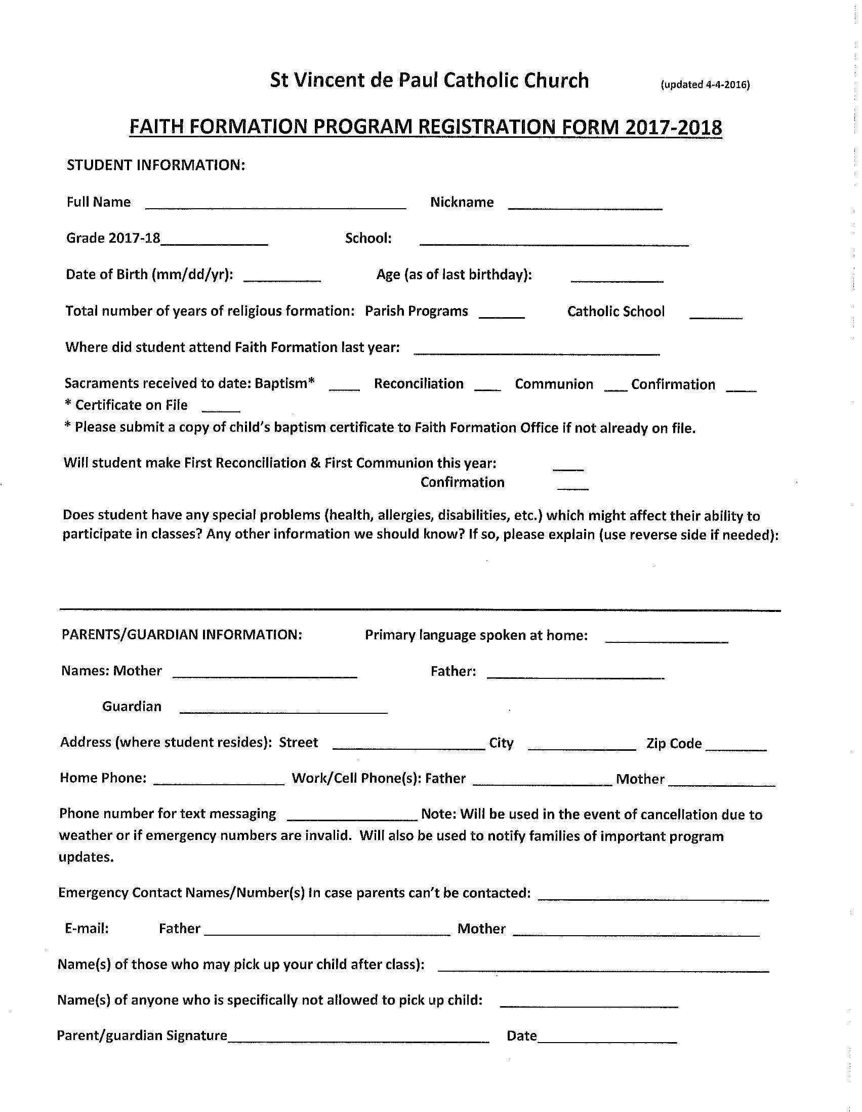 parish forms st vincent de paul catholic church de 4 form 2017
